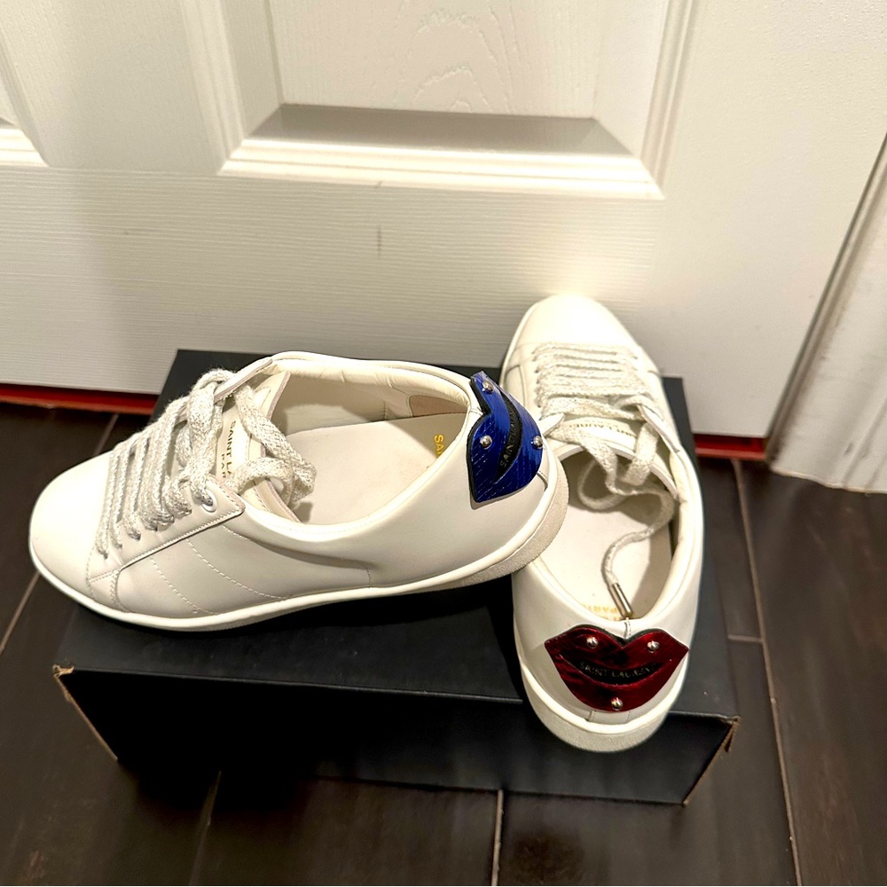 Saint Laurent White Leather Lips Classic Court Sneakers Shoes Size 37.5